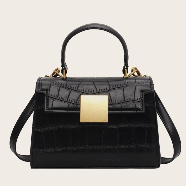 

Croc Embossed Satchel Bag, Black