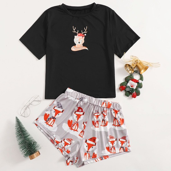 

Cartoon & Christmas Print Pajama Set, Multicolor