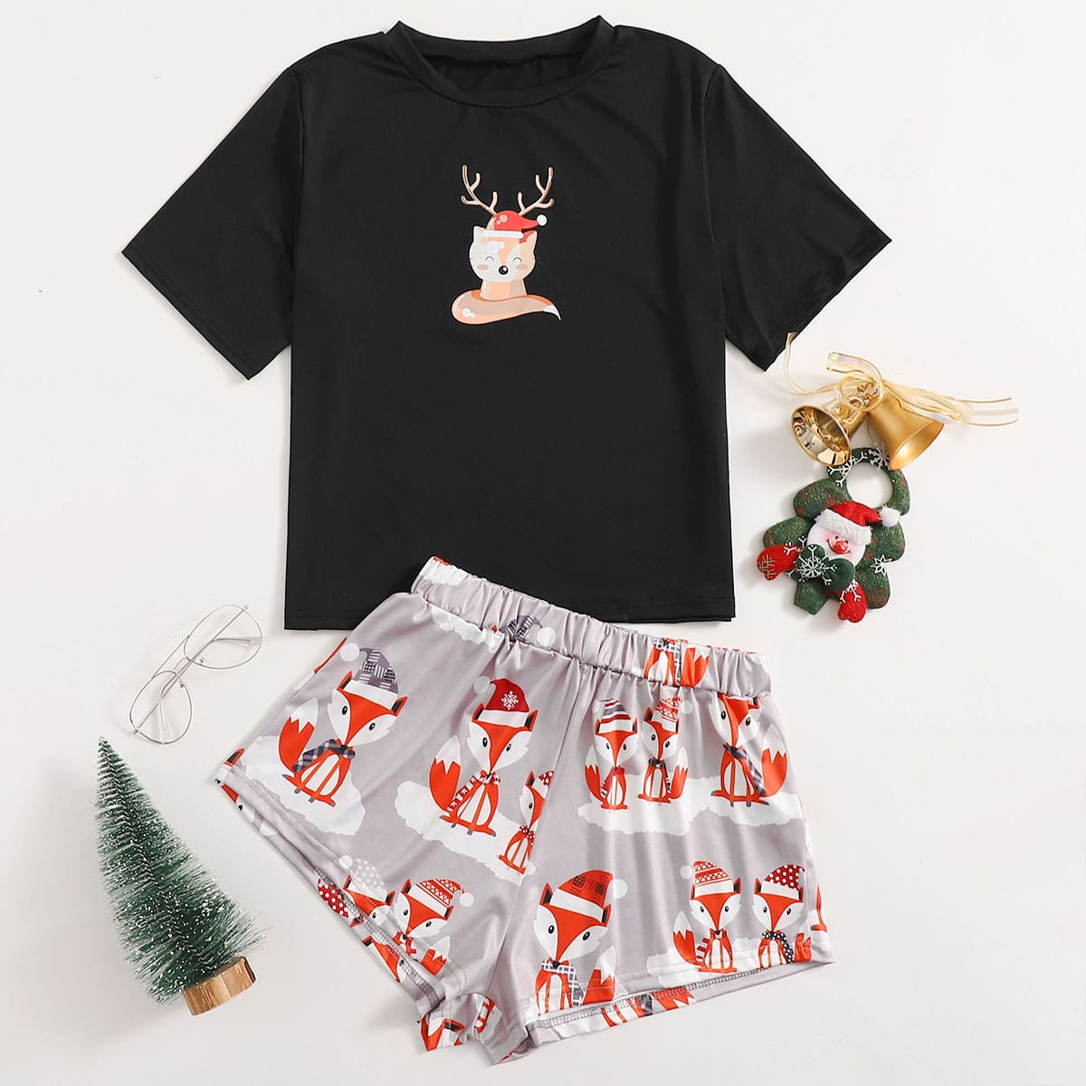 

Cartoon & Christmas Print Pajama Set, Multicolor