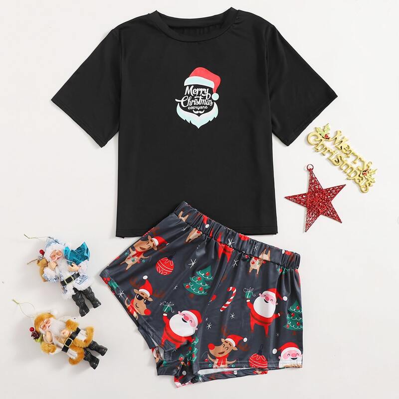 

Christmas Print Pajama Set, Black