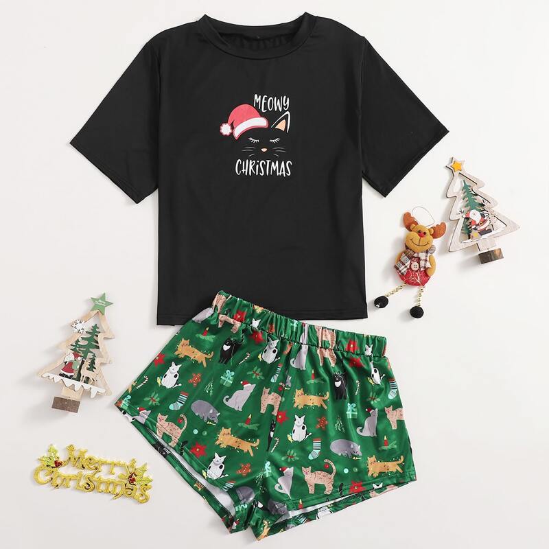

Christmas & Letter Graphic PJ Set, Multicolor
