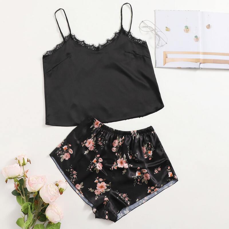 

Satin Contrast Lace Floral Print Cami Night Set, Black