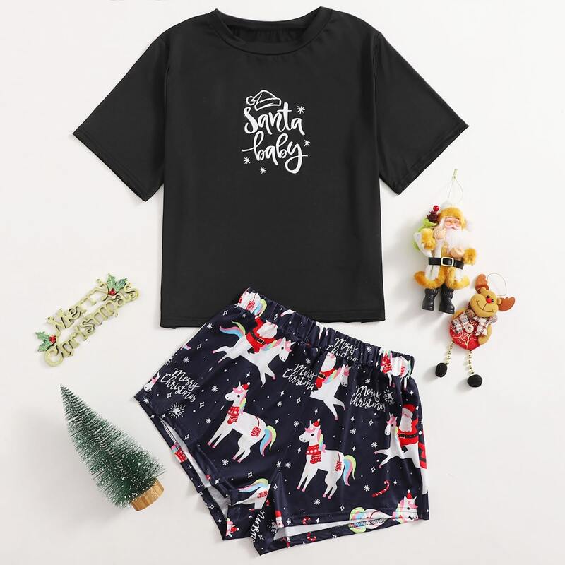 

Christmas & Letter Graphic PJ Set, Multicolor