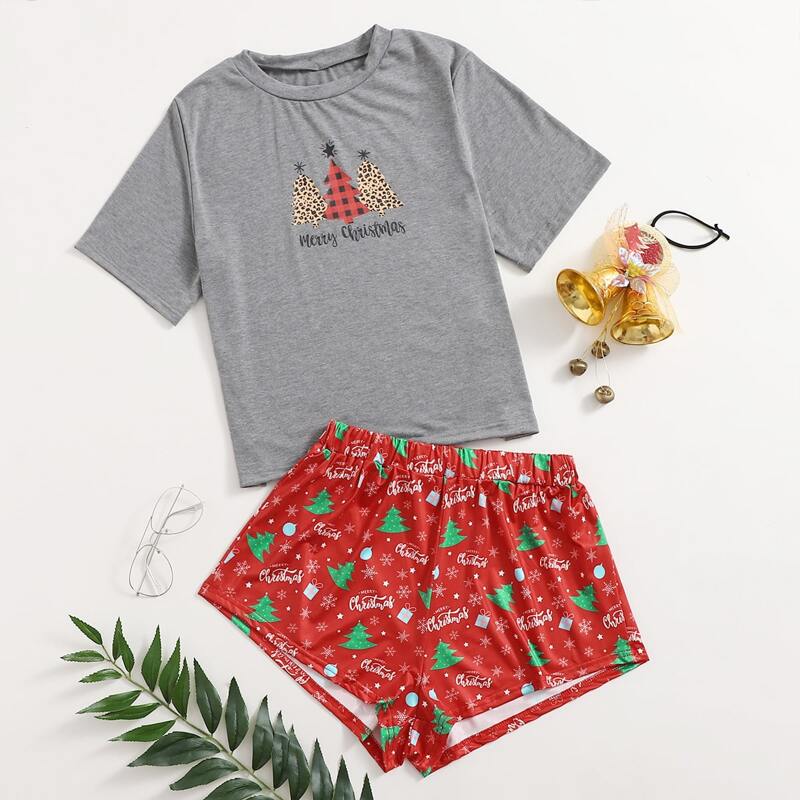 

Christmas & Slogan Graphic PJ Set, Multicolor
