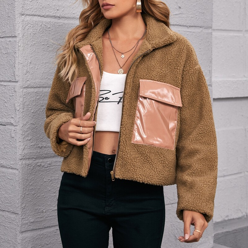 

Contrast PU Pocket Teddy Jacket, Brown