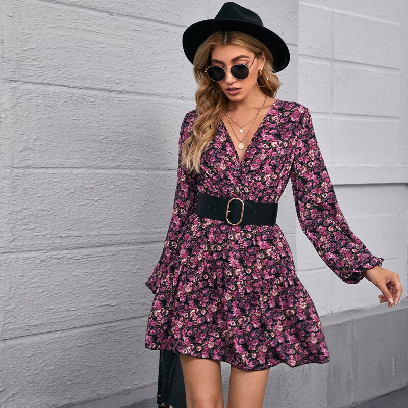 

Lantern Sleeve Floral Dress Without Belt, Multicolor