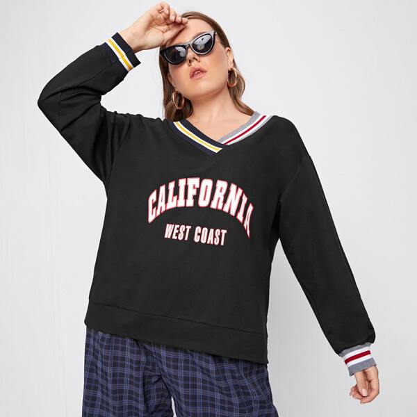 

Plus Striped And Letter Graphic Sweatshirt, Black