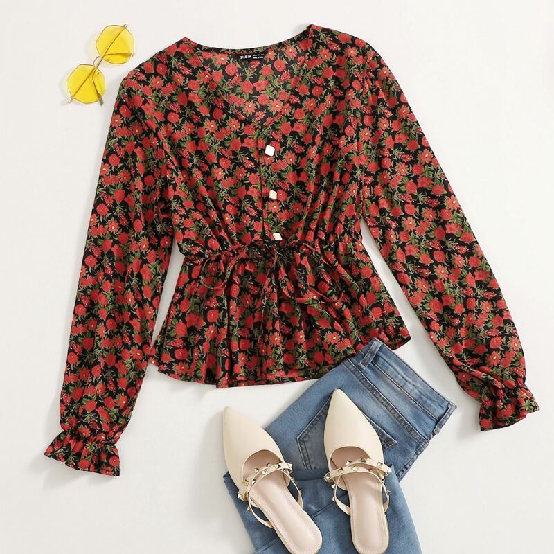 

Flower Print Half Button Babydoll Blouse, Multicolor