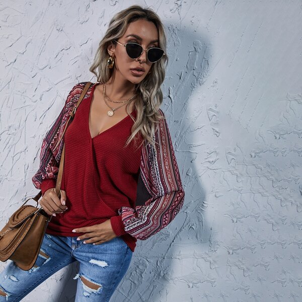 

Geo Raglan Sleeve Wrap Pullover, Burgundy