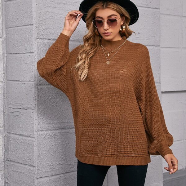 

Mock Neck Batwing Sleeve Sweater, Brown