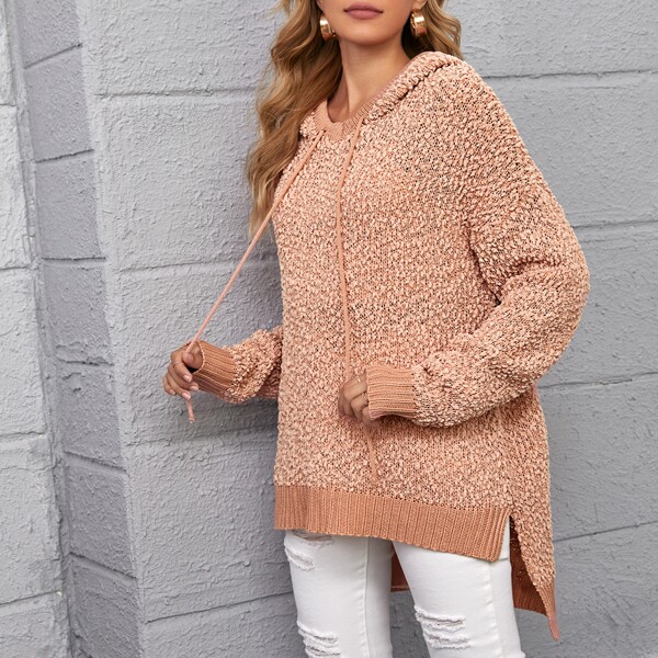 

High Low Hem Drawstring Popcorn Knit Hooded Sweater, Coral pink