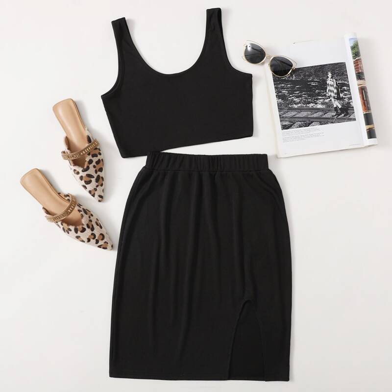 

Solid Crop Tank Top & Split Skirt, Black
