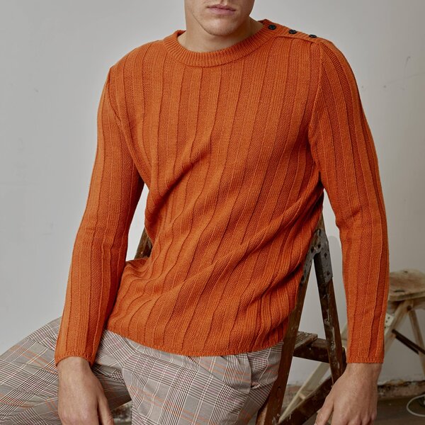 

Men Button Shoulder Rib-knit Solid Sweater, Orange
