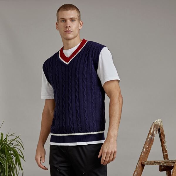 

Men Colorblock Cable Knit Sweater Vest, Navy blue