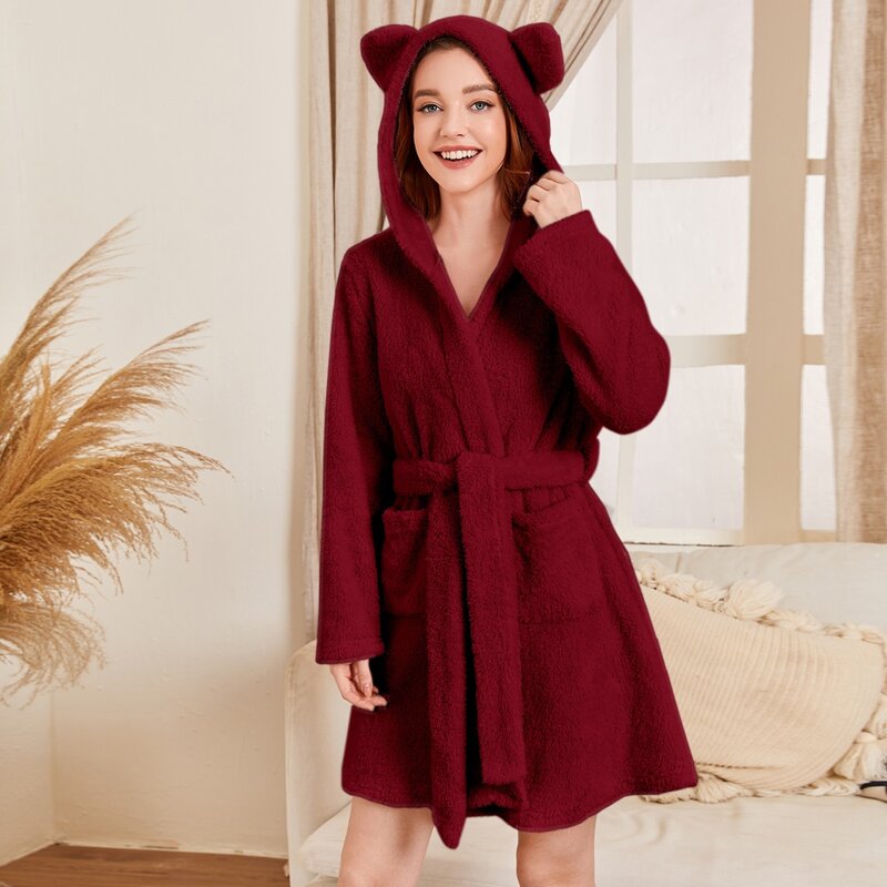 

3D Ear Design Self Tie Teddy Robe, Burgundy