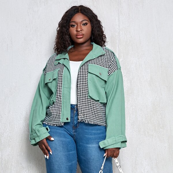 

Plus Houndstooth Panel Zip Up Flap Pocket Jacket, Multicolor