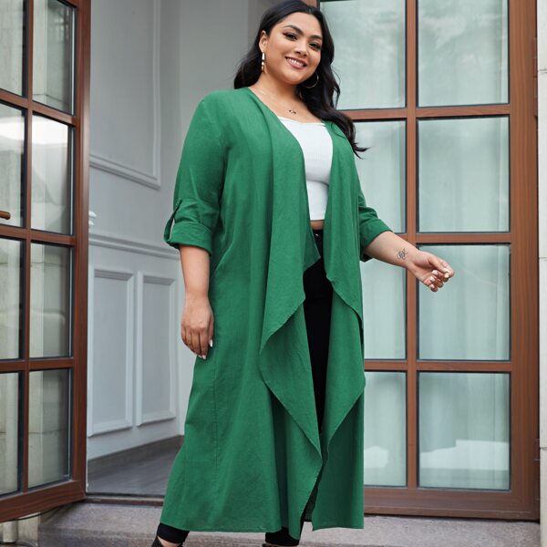 

Plus Draped Collar Rolled Tab Sleeve Coat, Green