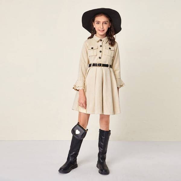 

Girls Flap Pocket Bell Sleeve Striped Dress With Belt, Beige