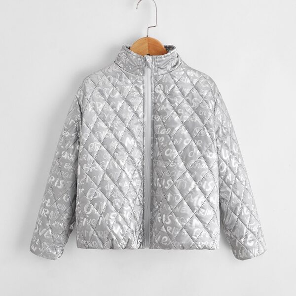 

Boys Zip Up Allover Letter Graphic Quilted Jacket, Silver