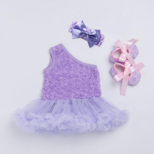 

Baby Girl 3 Pack One Shoulder Mesh Panel Combo Bodysuit Dress, Lilac purple