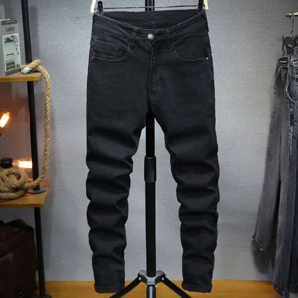 

Men Letter Patched Skinny Solid Jeans, Black