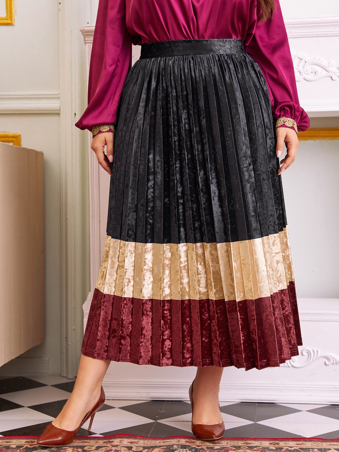 Plus Color Block Velvet Pleated Skirt Without Belt thumbnail