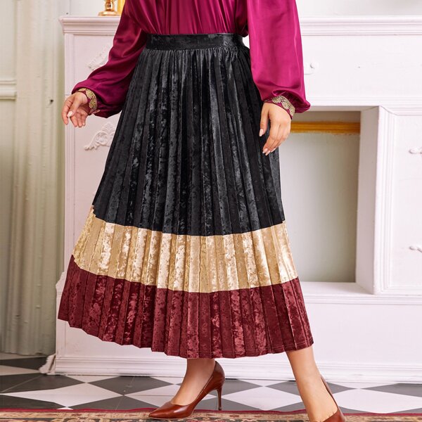 

Plus Color Block Velvet Pleated Skirt Without Belt, Multicolor