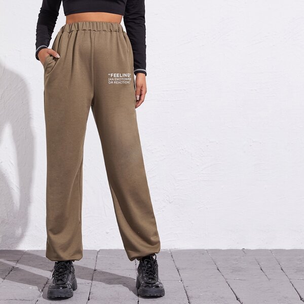 

Elastic Waist Slogan Graphic Sweatpants, Mocha brown