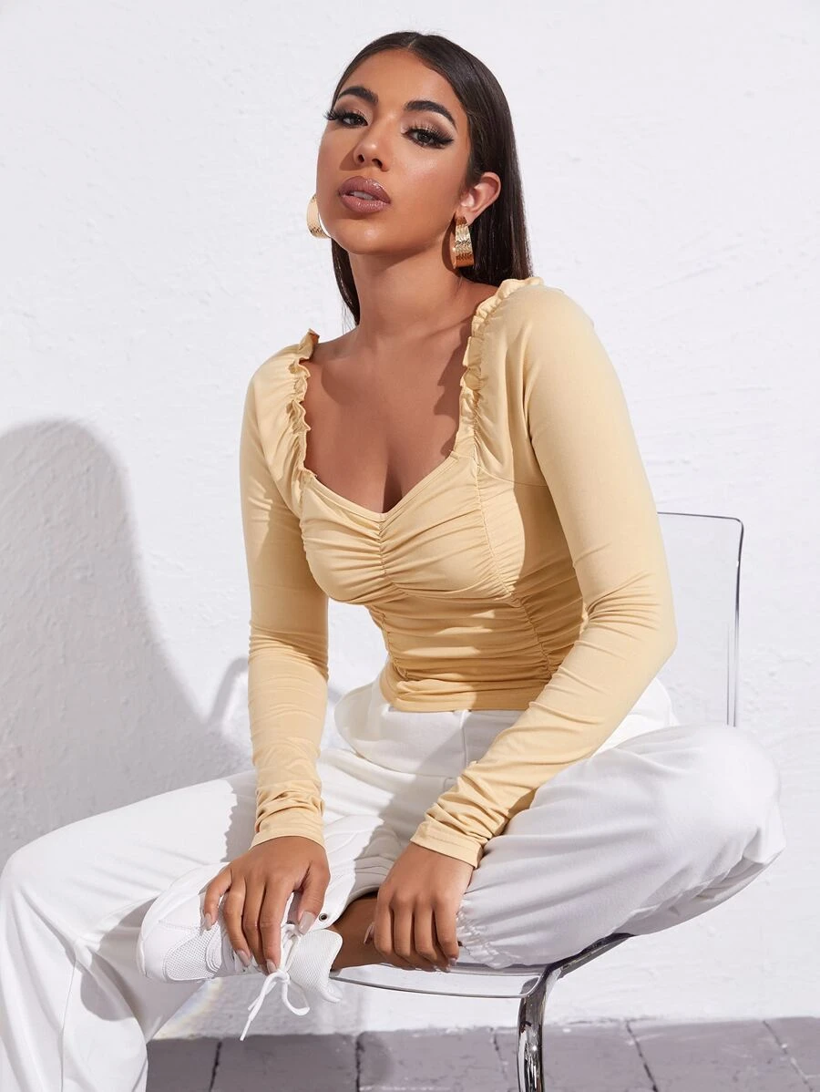SHEIN Privé Sweetheart Neck Frill Trim Ruched Top - Beige - View 1