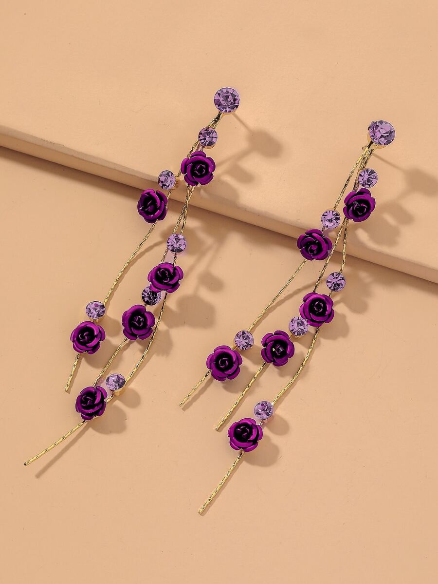 Andkiss Rhinestone Flower Drop Earrings Valentines - Purple - View 1
