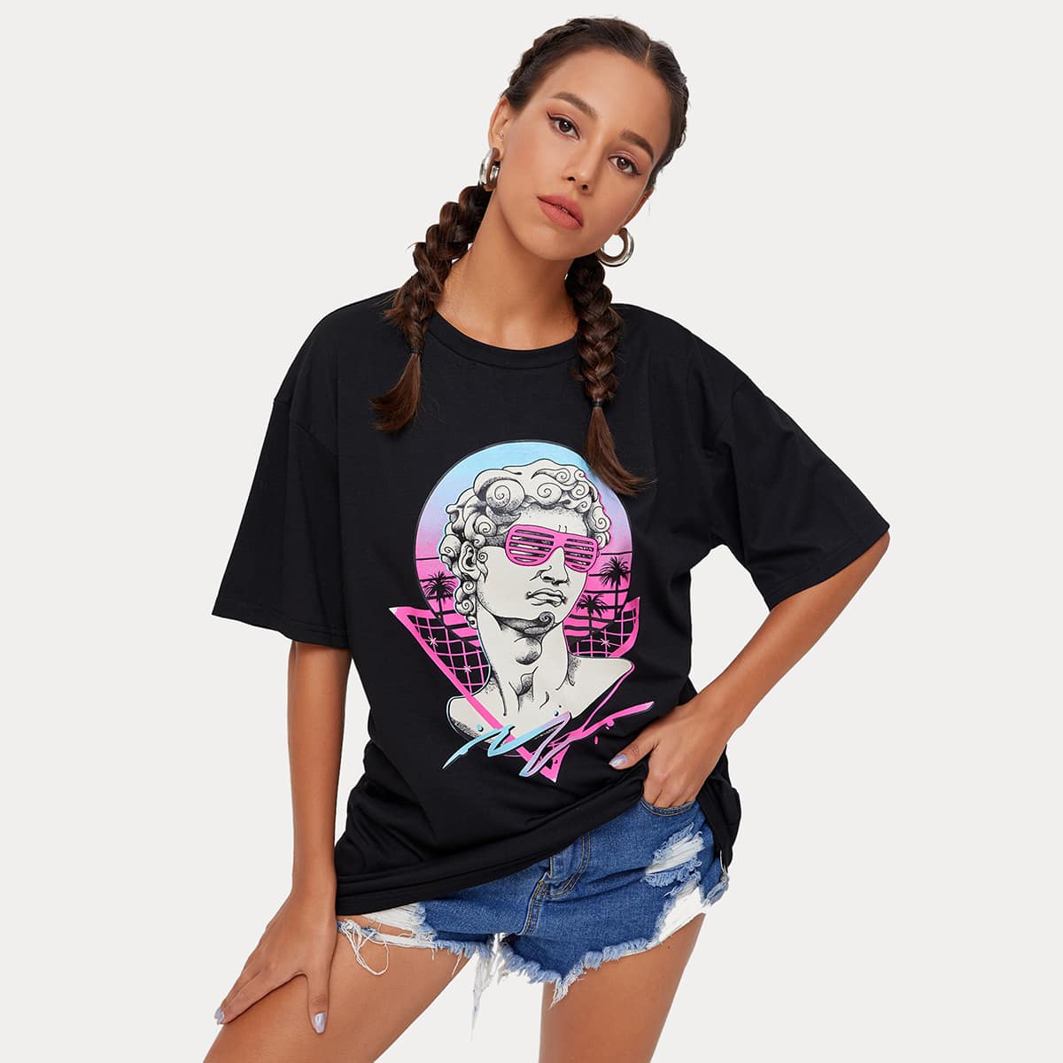 

ROMWE X Vincenttrinidadart Sculpture Graphic Oversized Tee, Black