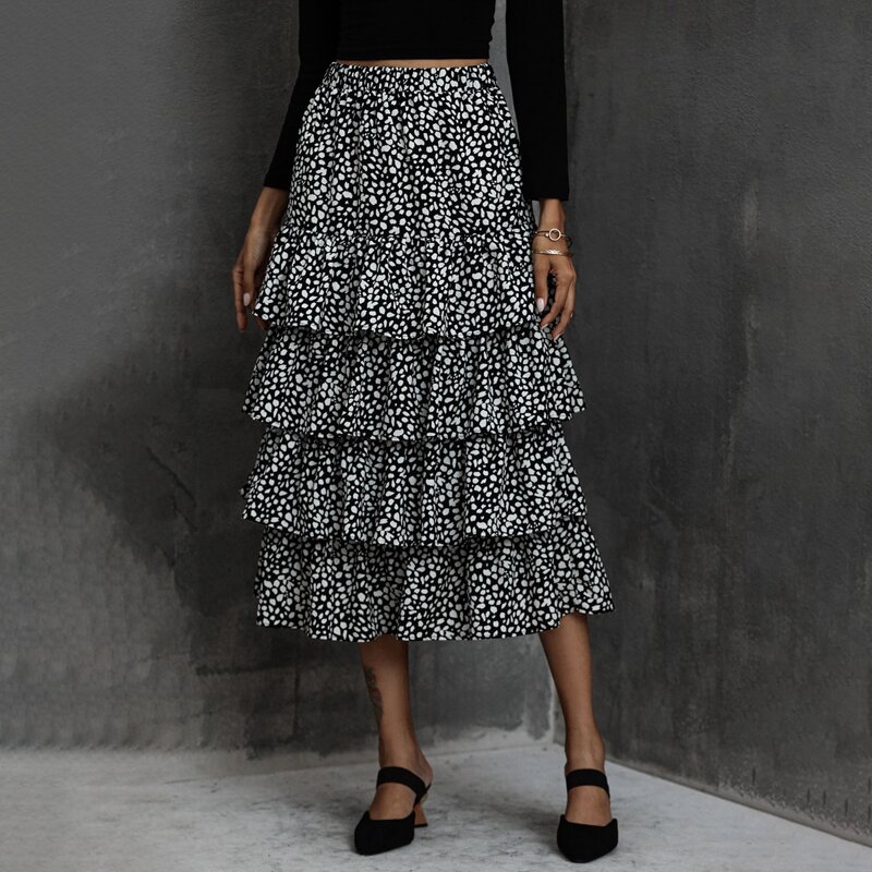 

Allover Print Layered Long Skirt, Black and white