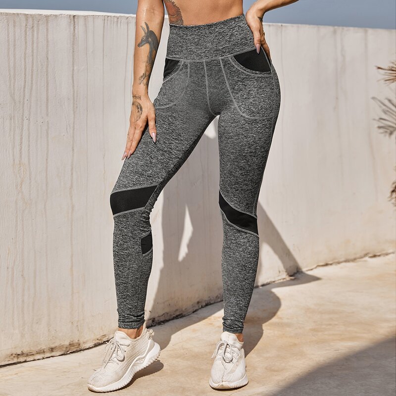 

Color Block Wide Band Waist Sports Leggings, Dark grey