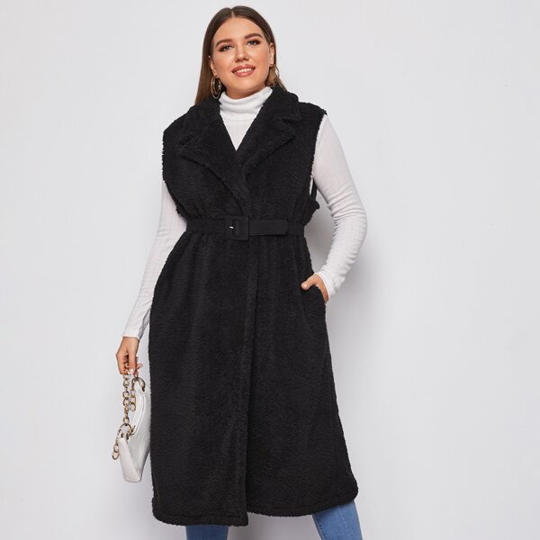 

Plus Lapel Collar Belted Teddy Vest Coat, Black