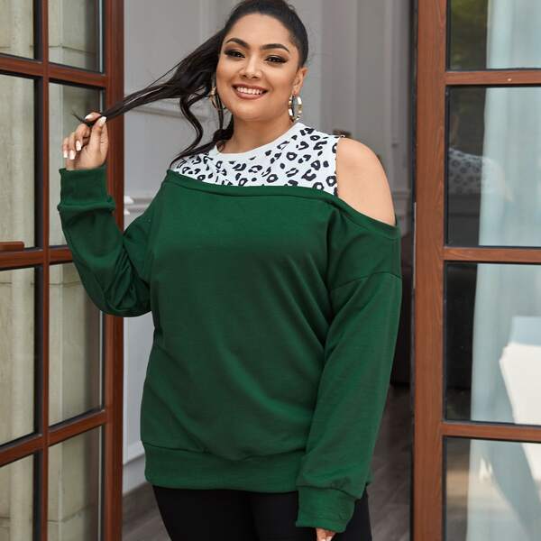 

Plus Cold Shoulder Contrast Leopard Panel 2 In 1 Sweatshirt, Dark green
