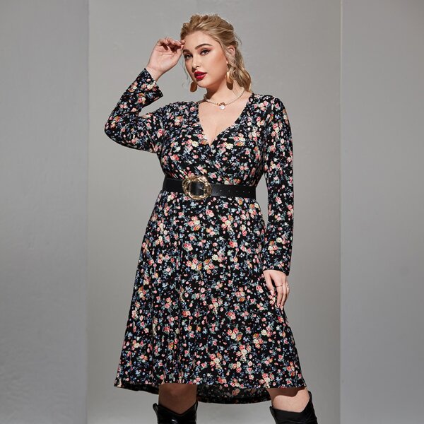 

Plus Surplice Front Allover Floral A-line Dress Without Belt, Multicolor