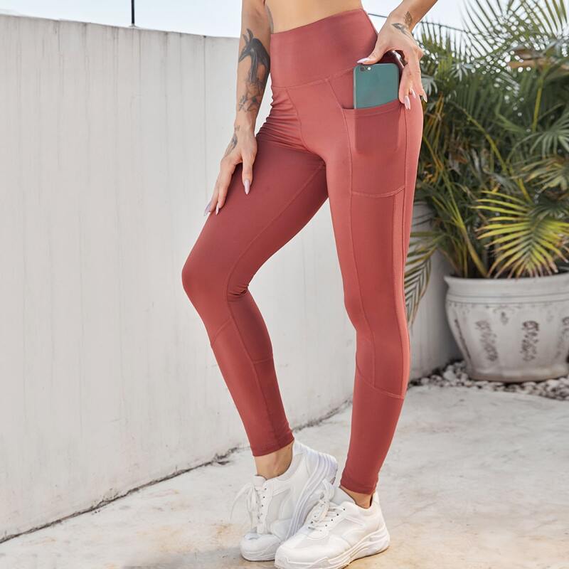 

Wide Waistband Solid Sports Leggings With Phone Pocket, Rusty rose
