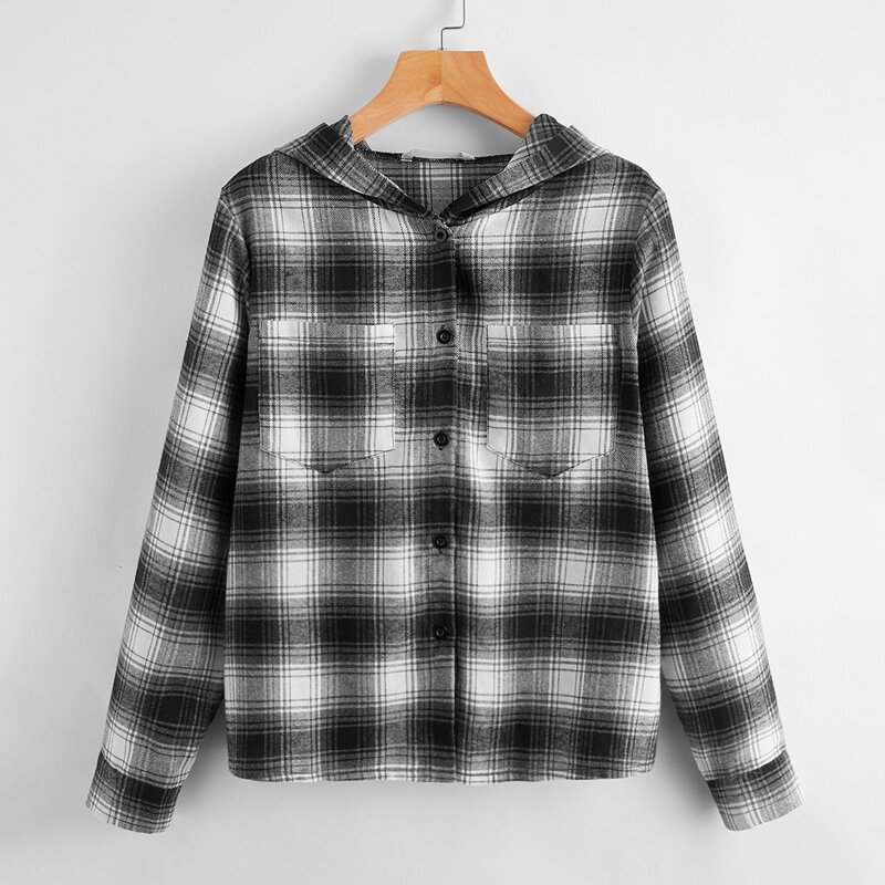 

Plaid Button Front Pocket Jacket, Black and white