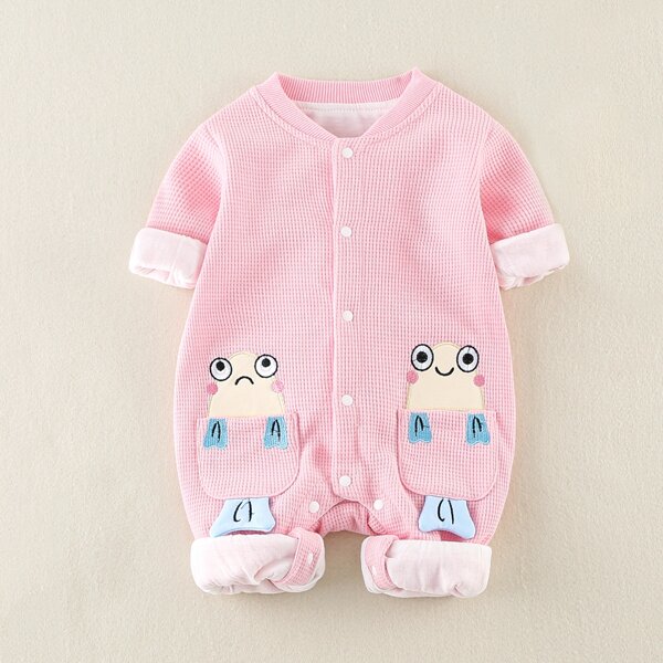 

Baby Girl Cartoon Embroidery Dual Pockets Jumpsuit, Baby pink