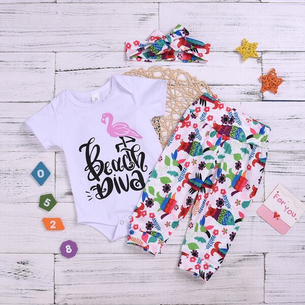 

Baby Girl Letter Graphic Bodysuit & Cartoon Graphic Pants & Headband, Multicolor