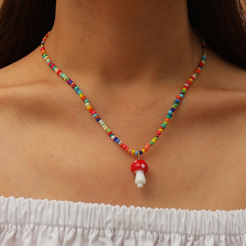 

Mushroom Charm Beaded Necklace, Multicolor