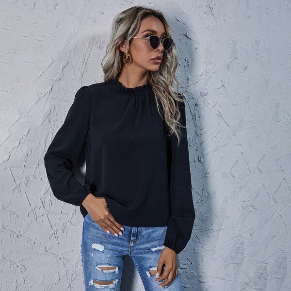 

Frill Trim Bishop Sleeve Blouse, Black