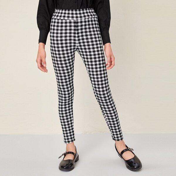 

Girls Wide Waistband Buffalo Plaid Leggings, Black and white