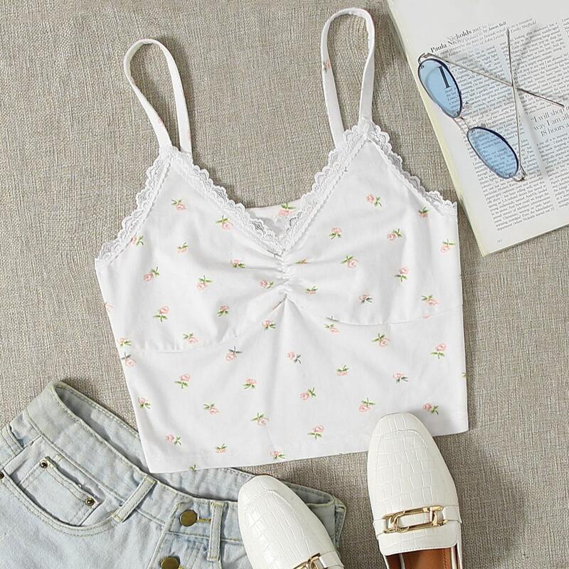 

Ditsy Floral Contrast Lace Cami Top, White