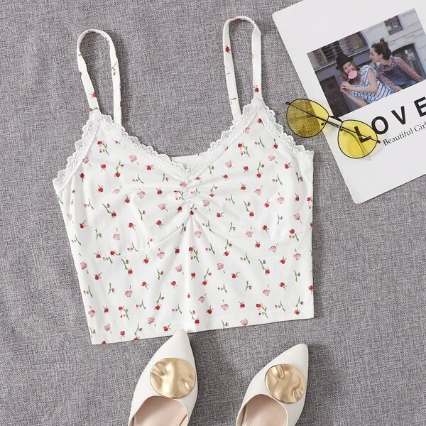 

Ditsy Floral Contrast Lace Cami Top, White