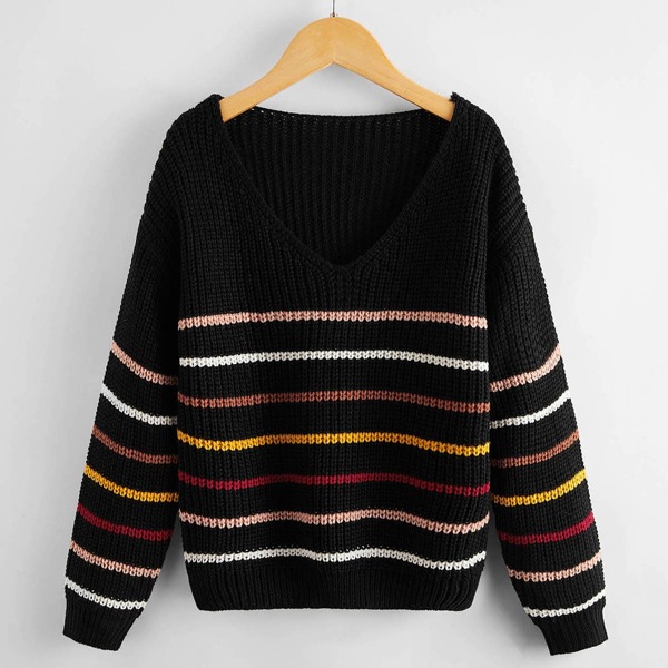 

Girls Striped V Neck Sweater, Black