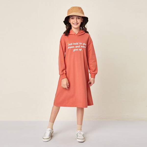 

Girls Slogan Graphic Drop Shoulder Hoodie Dress, Coral orange