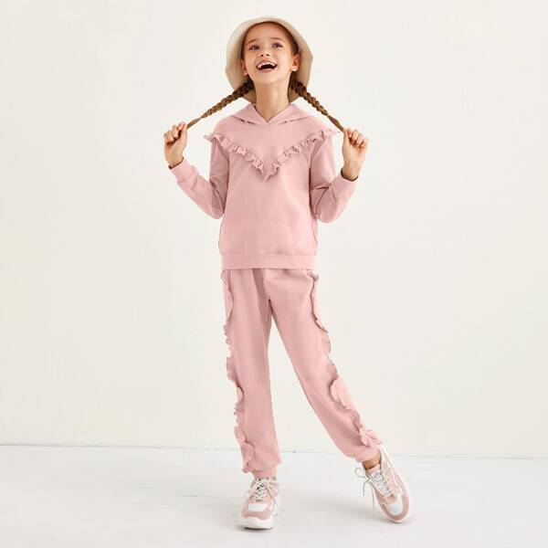 

Girls Ruffle Detail Solid Hooded Top & Pants Set, Pastel coral pink