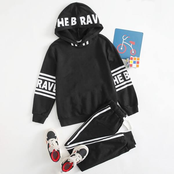 

Boys Letter Graphic Hoodie & Drawstring Waist Striped Side Joggers Set, Black