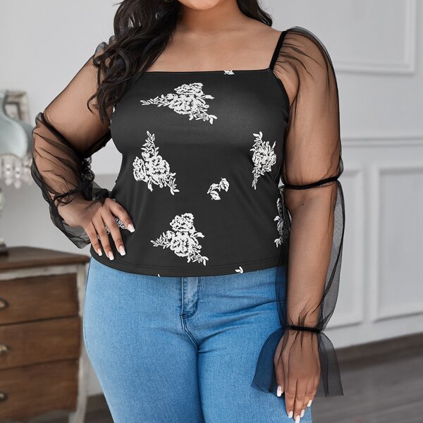 

Plus Square Neck Mesh Flounce Sleeve Floral Top, Black